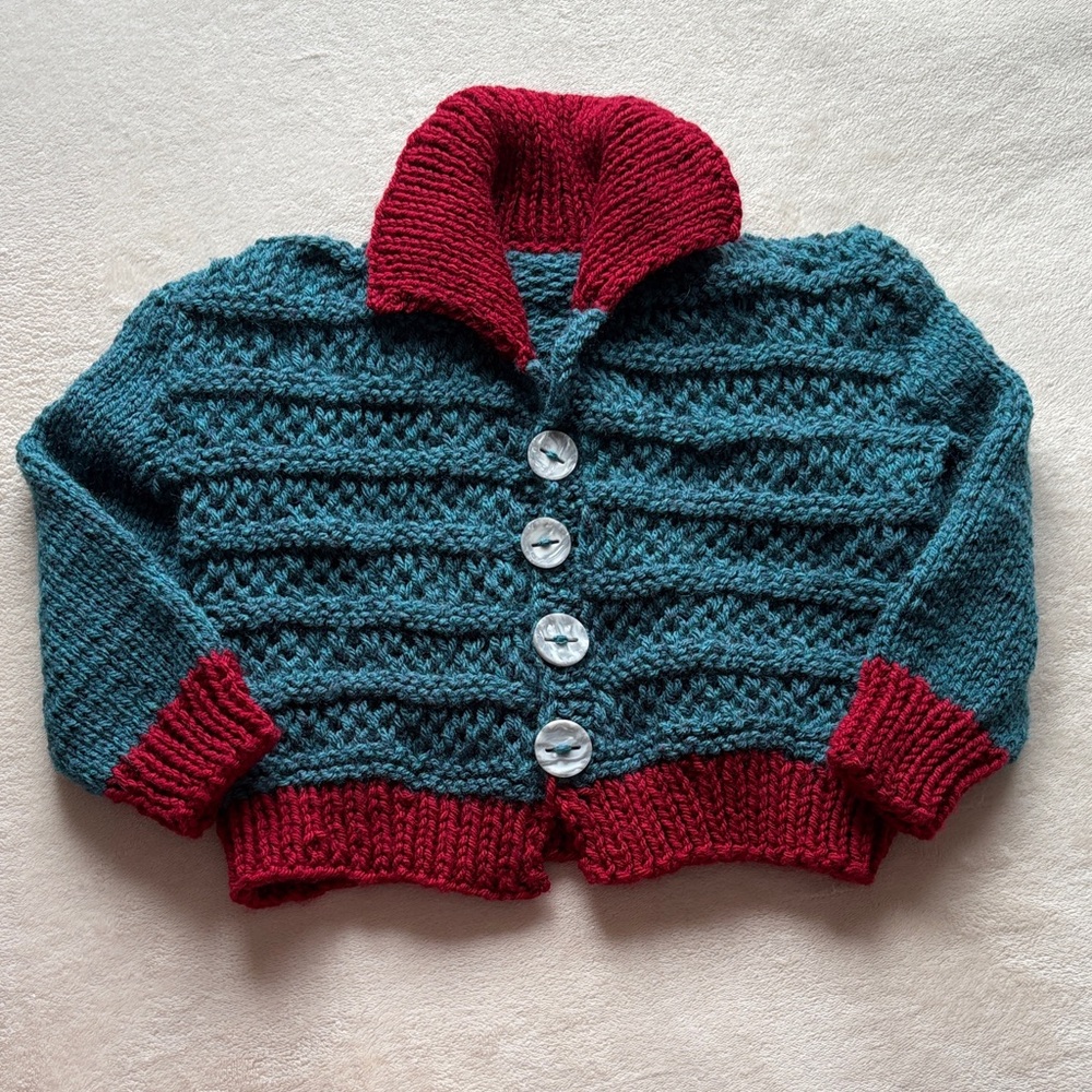 Kids Hand Knit Cardigan Soft Chunky Teal & Burgundy Grandma Grandpa 4T Boy Girl